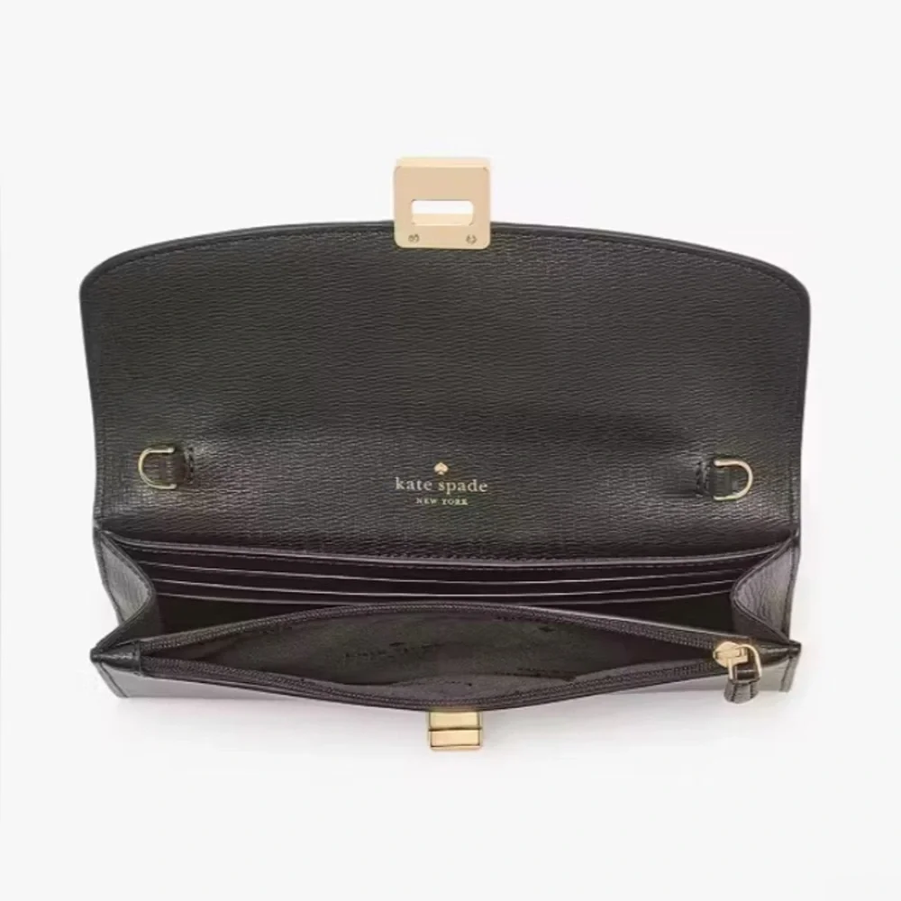 Kate Spade Phoebe Refined Grain Leather Turnlock Wallet On A Chain Black Gold